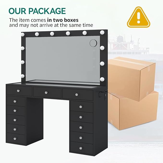 13 Drawers Vanity Desk, 47''W Makeup Vanity with Power Outlet, Vanity Table with Mirror and 12 LED Bulbs, 3 Color Lighting Modes, Glass Top, Dressing Table for Bedroom (Black)