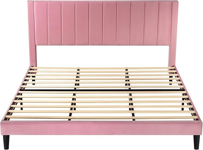Allewie King Platform Bed Frame/Velvet Upholstered Bed Frame with Vertical Channel Tufted Headboard/Strong Wooden Slats/Mattress Foundation/Box Spring Optional/Easy Assembly/Pink