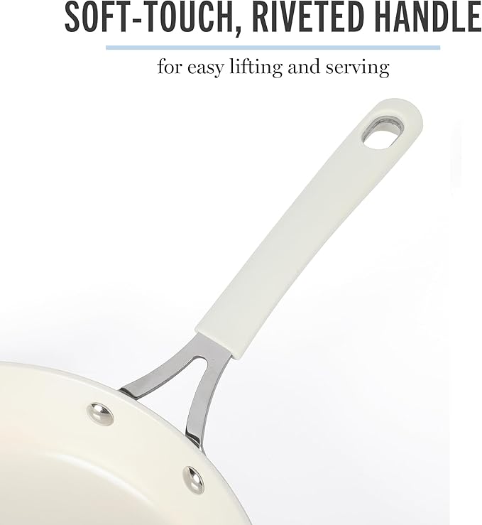 Martha Stewart Heathland 9.5 Inch Aluminum Cookware Non-Toxic Premium Ceramic Non Stick Frying Pan, Kitchen Egg Pan, Omelet, Pots and Pans, Linen White, Induction Safe