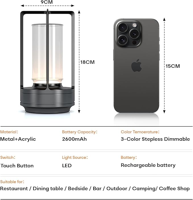 Portable Metal Table Lamp for Indoor/Outdoor ,Rechargeable Cordless LED Lamp, 3-Colour Infinitely Dimming Battery Powered Small Desk Lamp, Restaurant/Bedroom/Bar/Coffee/Camping Light (Grey Set of 2)