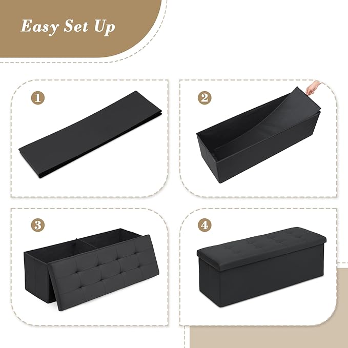 Athena Collection Leather Ottoman Bench with Storage, 43 Inches Large End of Bed Storage Ottoman Bench, 130L Load 220 Lbs Foot Rest for Bedroom, Living Room, Entyway, Black