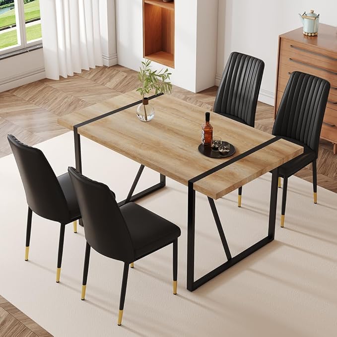 Dining Table Chairs Set for 4, Modern Rectangular Dining Room Table Set PU Leather Upholstered Dining Chairs 55" Dinner Table Set for Kitchen, Dining Room (Dining Table Set for 4, Black)