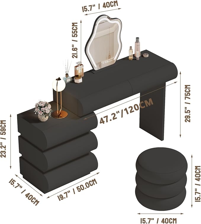 Makeup Vanity Desk with Lighted Mirror and Stool, Faux Leather Upholstered Finish, Modern Dressing Table with 5 Drawers for Bedroom and Makeup Room, Easy Assembly, Black