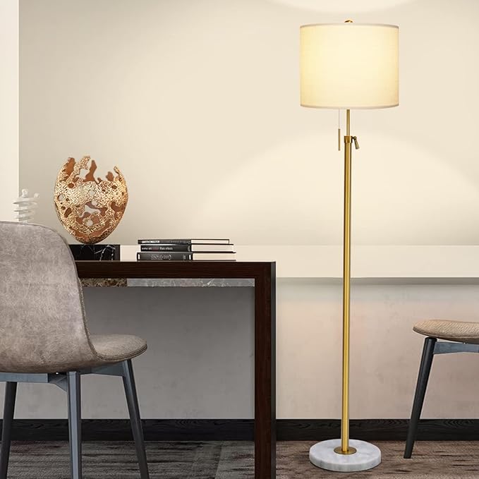 Modern Floor Lamp for Living Room, Adjustable Height Standing Lamp with Marble Base, 3-Way Dimmable Gold Brass Tall Pole Light with White Linen Shade for Reading, Bedroom, Chain Switch, Bulb Included