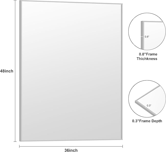 KOCUUY Silver Bathroom Mirror, 48"x36" Large Rectangular Mirror with Metal Frame, Brushed Nickel Vanity Mirror with Modern Design for Bathroom, Living Room, Entryway, Hang Horizontal/Vertical