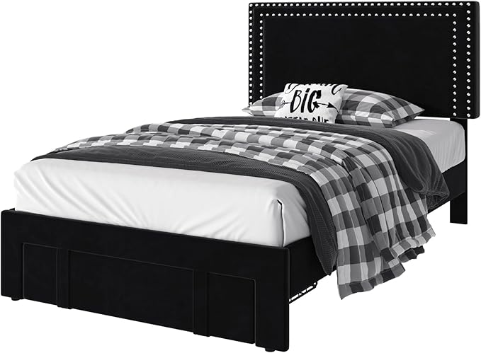 VECELO Twin Size Bed Frame with Storage Drawer, Adjustable Velvet Rivet Decor Headboard, Wooden Slats Support Platform, No Box Spring Needed, Easy Assembly