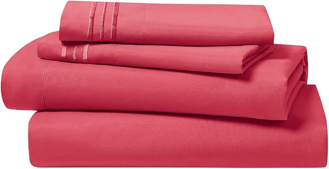 Clara Clark Bed Sheets, Premier 1800 Series 4 Piece Bed Sheet Set, Deep Pocket, Wrinkle, Fade, Stain Resistant, Luxury Soft Bedding Sheets & Pillowcases, Split King, Coral Pink