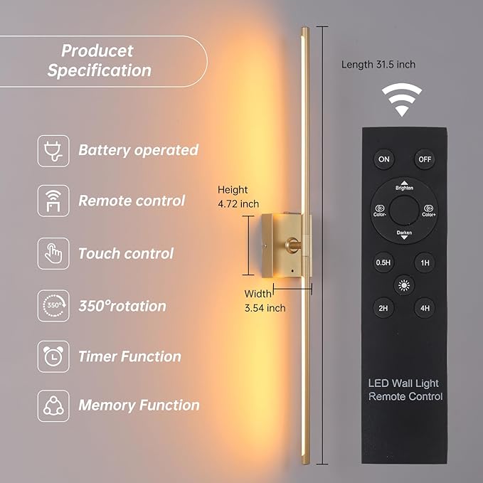 Battery Operated Wall Sconce Set of 2, 5000mAh Rechargeable Wall Sconces with Detachable Battery, Indoor 350°Rotate Wall Lights for Bedroom Living Room, Gold, 31.5 Inch