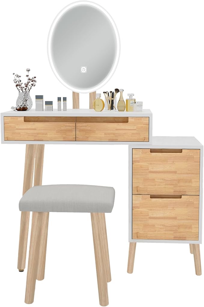 YOURLITE Makeup Vanity Desk with Lights, Small Vanity with 4 Drawers for Small Spaces, Dressing Table Set 3 Colors Adjustable Lighting Brightness Mirror