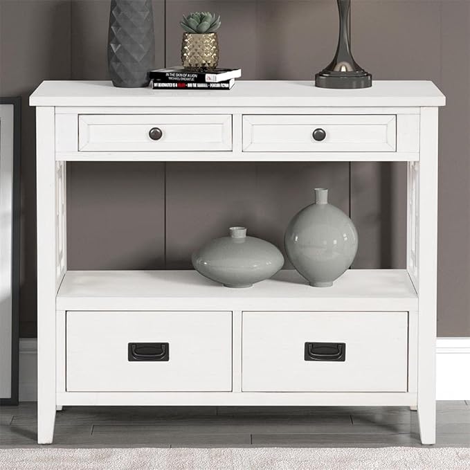 36 Inch Country Farmhouse Console Table with 4 Drawers and 1 Storage Shelf Pine Wood Suitable for Entryway Entrance Living Room Bedroom Hallway Kitchen (Antique White)