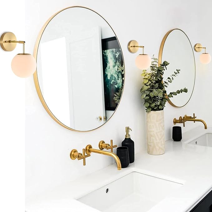 Modern Wall Sconce Industrial Mid Century Bathroom Vanity Wall Light with White Globe Glass Lampshade Brushed Brass Finished Lighting Fixture (Gold Color)