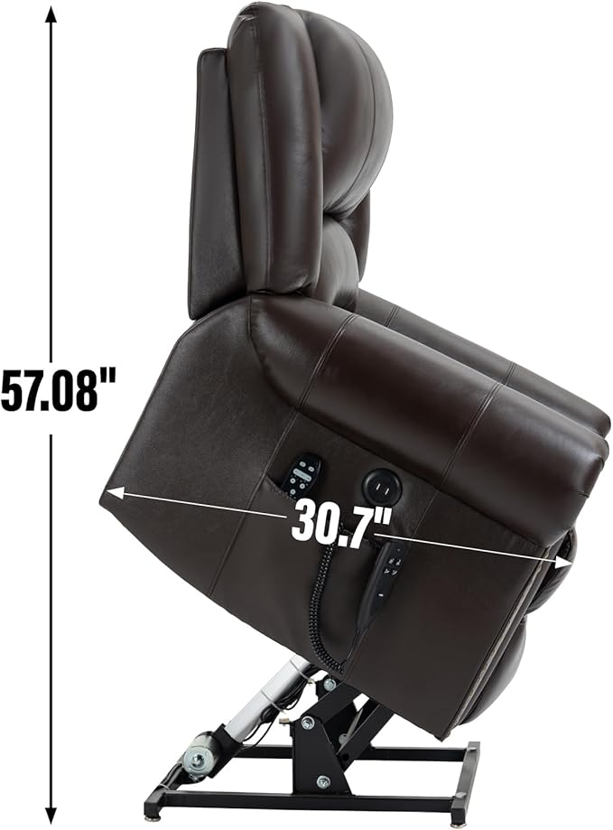 Dual Motor Power Lift Chair, Lay Flat Recliner Chair, Electric Recliner with Massage and Heat for Elderly, Remote Control, Infinite Position, Standing Assistance, USB Ports, Genuine Leather, Brown