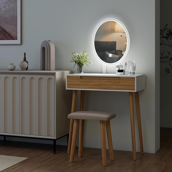 YOURLITE Makeup Vanity Desk with Lights, Small Vanity with Adjustable Brightness Mirror for Small Spaces, Dressing Table with Drawers 27.5", Oval Mirror Wood