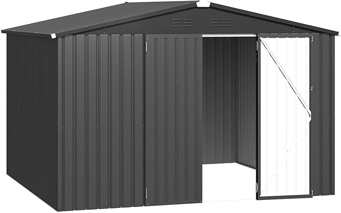 AECOJOY 10' x 8' Shed, Outdoor Metal Storage Shed, Dark Grey Sheds & Outdoor Storage 8x10 Clearance, Steel Yard Shed with Lockable Doors, Utility and Tool Storage for Garden, Backyard, Patio, Outside