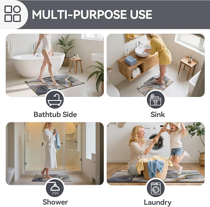 Non Slip Bath Mat Ultra Thin Bathroom Rug Fit Under Door, Rubber Backing Quick Dry Super Absorbent Washable Shower Bath Mats Grey 16x24