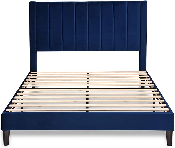Allewie Queen Platform Bed Frame/Velvet Upholstered Bed Frame with Vertical Channel Tufted Headboard/Strong Wooden Slats/Mattress Foundation/Box Spring Optional/Easy Assembly/Navy Blue
