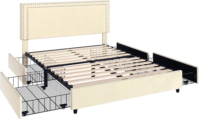 VECELO Queen Size Upholstered Platform Bed Frame with 4 Storage Drawers, Adjustable Velvet Rivet Decor Headboard, Wooden Slats Support, No Box Spring Needed, Easy Assembly