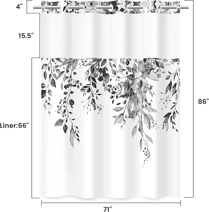 No Hook Shower Curtain with Snap in Liner - Eucalyptus Shower Curtain - Washable Waterproof Inner Liner, Plants Black Leaves Modern Shower Curtains - Machine Washable, 71 x 86