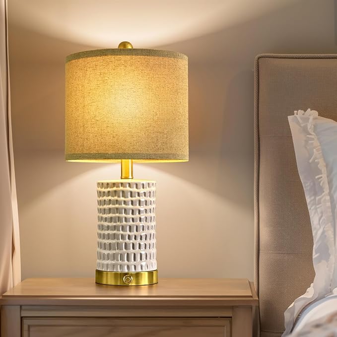 PORTRES 19" Farmhouse 3-Way Dimmable Touch Ceramic Table Lamp Set of 2 White Bedside Lamps for Bedroom Lamps for Living Room Nightstand Lamp End Table lamps with USB A+C Charging Ports(Bulbs Included)