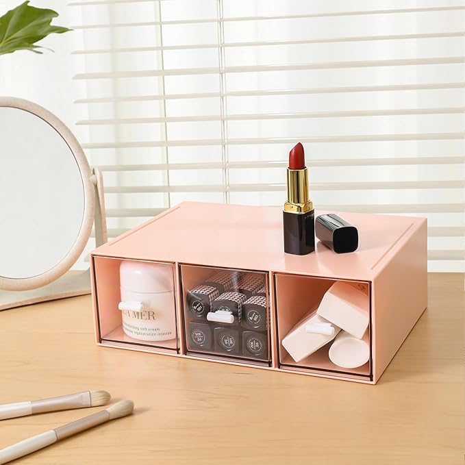 Plastic 3 Drawer Organizer for Cosmetic Storage, Desk Organizer, Makeup Organizer for nail polish, Lipstick, Brushes, Jewelry, Skincare, Bathroom Organization Boxes - Pink
