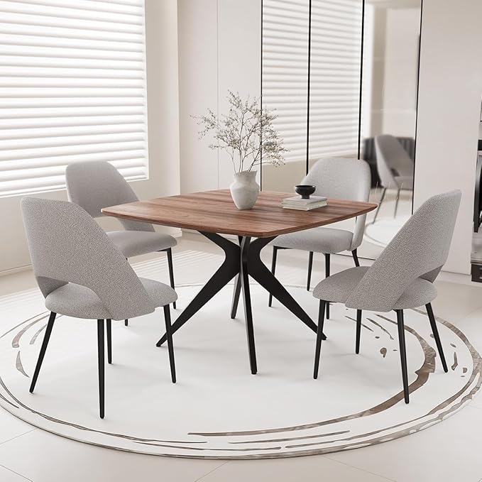 Kidol & Shellder 45.2" Square Dining Table Set for 2-4 People Modern MDF Wooden Dining Room Table with X-Shaped Metal Base Kitchen Table(Walnut Table+2pcs Grey Chairs)