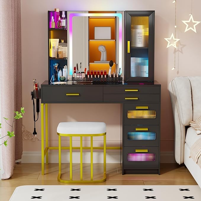 Makeup Vanity Desk with Mirror and RGB Lights,Glass Top Vanity Table with Wireless Charging & Stool,Vanity Set with 6 Drawers & Storage Cabinet & Makeup Organizer,Bedroom(Black)