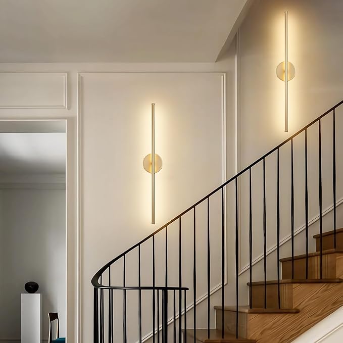 Battery Operated Wall Sconces, Dimmable Wall Sconces Set of Two, 350°Rotate, 3000K LED Gold Wireless Wall Light for Living Room, Bedroom, Hallway, 32.2 Inch (2 Pack)