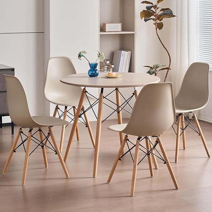 31.5'' 5 Piece Round Dining Table Set for 4, Mid-Century Modern Table with Chairs, Space Saving, Plastic Seats, Wood Legs, Circle Dinner Table for Kitchen, Home, Apartment, Khaki