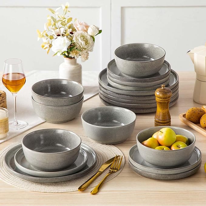 vancasso ANYA 18 Pieces Plates and Bowls Set, Stone Grey Dinnerware Sets, Reactive Glaze Dishes Set for 6, Ceramic Dishware Sets Kitchen Dinner Set, Microwave & Dishwasher Safe