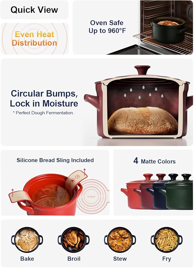 LE TAUCI 3 qt Ceramic Dutch Oven for Bread Baking with Silicone Sling- Lightweight, Non-Toxic, No Seasoning Needed- Oven, Microwave & Dishwasher Safe, Ideal for Home Bakers & Beginners, Forest Green