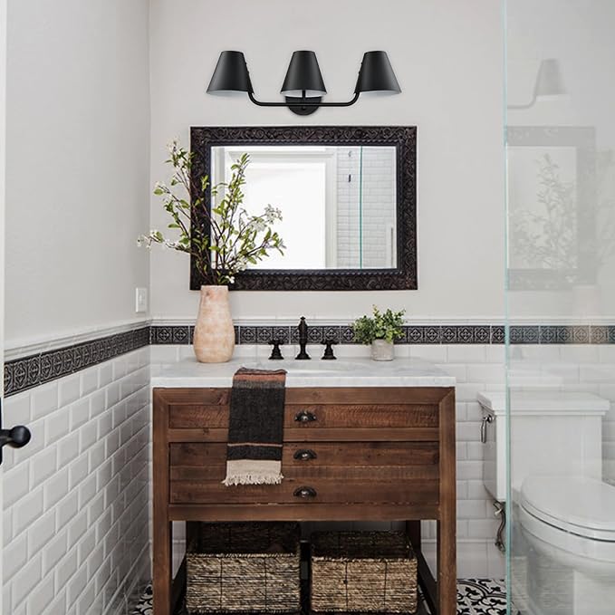 DIRYZON 3 Light Bathroom Vanity Light,Industrial Black Wall Sconces,Rustic Wall Light Fixtures with Metal Shade for Hallway Kitchen Sink