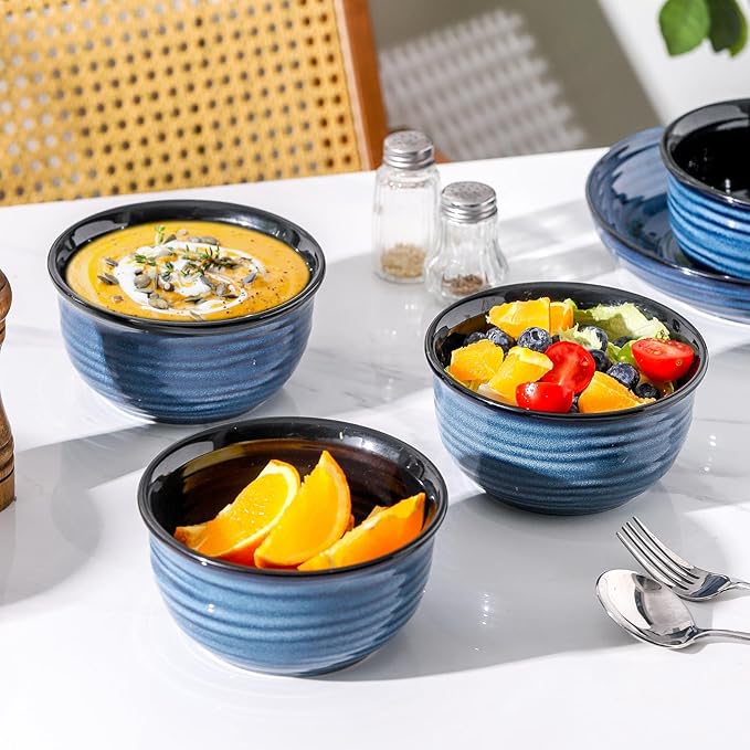 MEKY 20oz Soup Bowls, Stackable and Durable Ceramic Bowls for Kitchen, Elegant Perfect for Pasta, Cereal,Oatmeal, Rice, and Ice Cream, Microwave & Dishwasher Safe,Set of 6, Blue