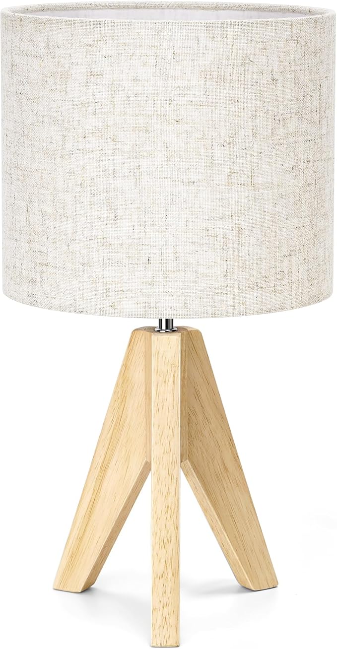 EDISHINE Small Table Lamp, Boho Bedside Lamp with Linen Fabric Shade, Wood Tripod Nightstand Lamp for Nursery, Living Room, Bedroom, Narrow End Table, UL Listed, 14.2 Inch, ON/Off Switch