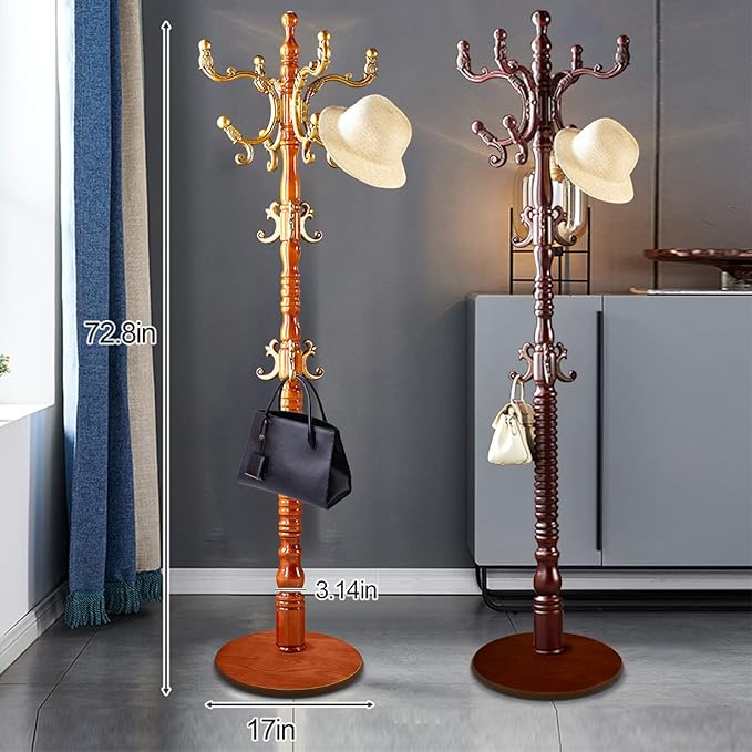 Standing Coat Rack Coat Tree Freestanding Wooden Coat Rack Modern Coat Racks Office Coat Stand for Hat Purse Corner Entryway (black red)