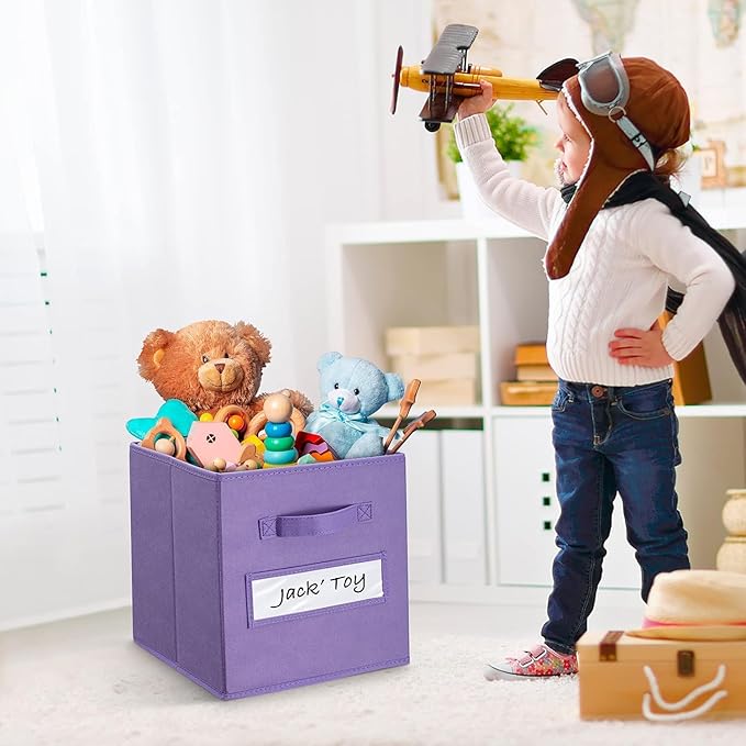 artsdi 13x13x13 storage cube bins (Set of 10) Fabric storage cubes with 10 Labels Window Cards & a Pen, storage cubes 13x13, Collapsible 13 inch cube storage bins, Cubby Organizer Boxes, Purple