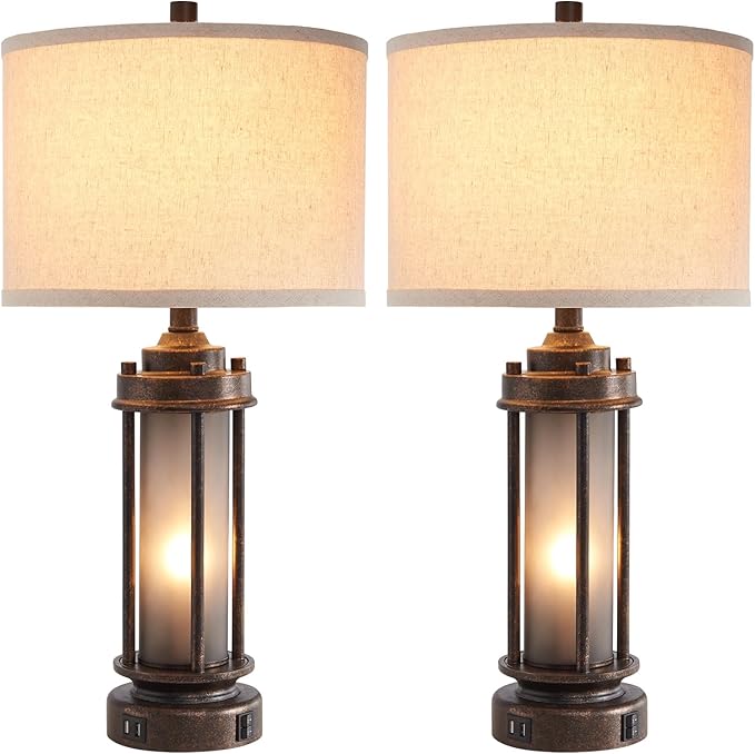 Set of 2 Farmhouse Lamps for Living Room, Rustic Vintage Bedroom Nightstand Table Lamp with 2 USB Charging Ports, Built-In Frosted Glass Night Light for End Table Entryway, 4 Bulbs Included (Bronze)