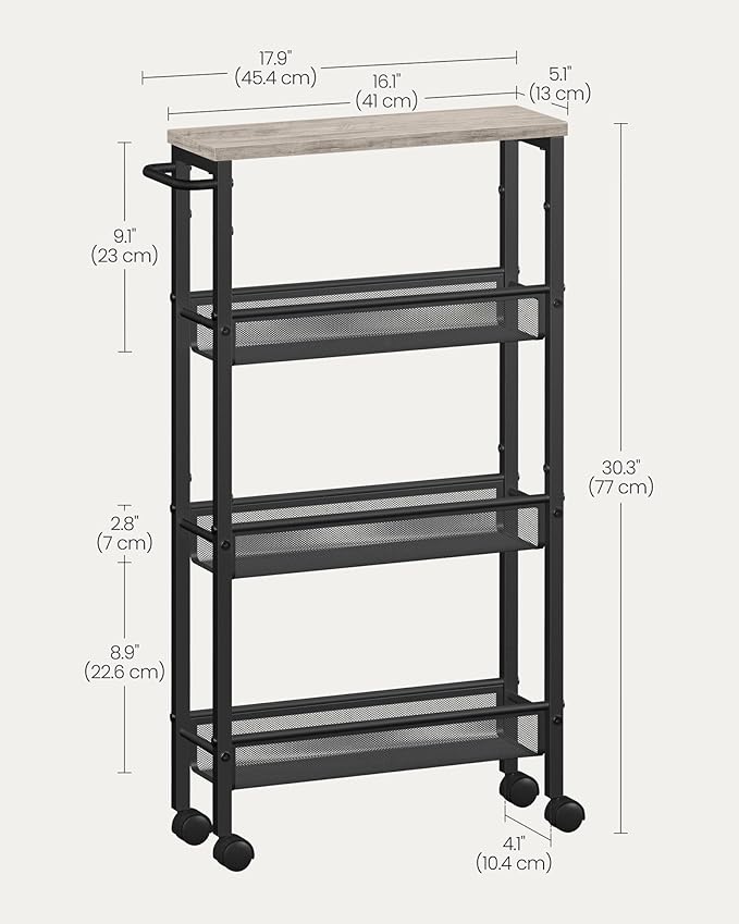 VASAGLE Slim Rolling Cart, 4-Tier Storage Cart, Narrow Cart with Handle, 5.1 Inches Deep, Metal Frame, for Kitchen, Dining Room, Living Room, Home Office, Heather Greige and Classic Black ULRC032K01