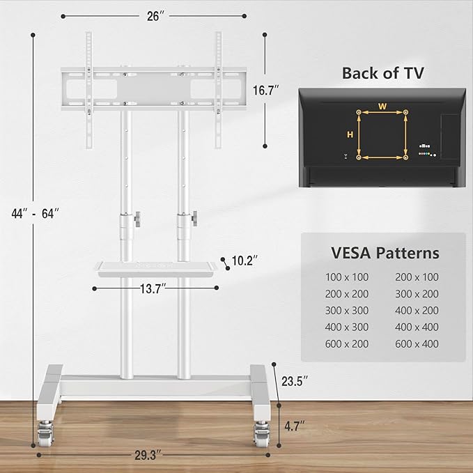 TVON Upgraded Mobile TV Stand on Wheels for 32-80 inch Flat Screen/Curved TVs up to 110 lbs, Height Adjustable Mobile TV Cart with Metal Laptop Shelf, Rolling TV Stand for Home and Office Use,White
