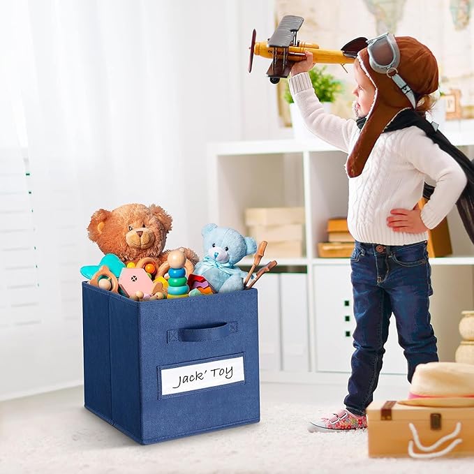 artsdi 13x13x13 storage cube bins (Set of 10) Fabric storage cubes with 10 Labels Window Cards & a Pen, storage cubes 13x13, Collapsible 13 inch cube storage bins, Cubby Organizer Boxes, Navy Blue