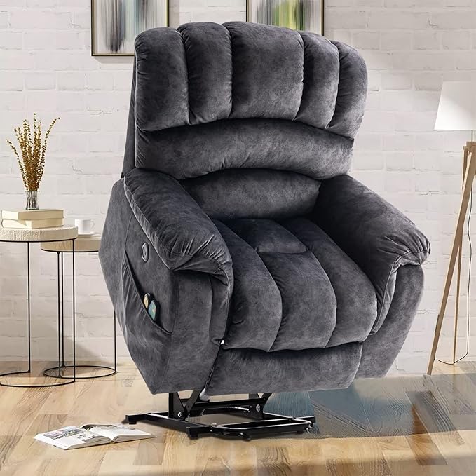 VIVIJASON Large Power Lift Chair Electric Recliner Chair with Heat & Massage for Elderly Big People, Overstuffed Wide Electric Recliner with 2 Remote Controls, Side Pockets & USB Ports, Dark Gray