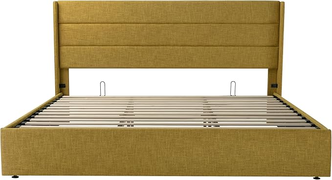 SHA CERLIN King Size Lift Up Storage Bed/Modern Wingback Headboard/Upholstered Platform Bed Frame/Hydraulic Storage/No Box Spring Needed/Wood Slats Support/Olive Yellow