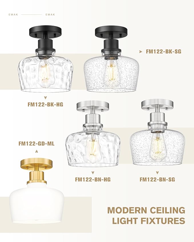 Emak Modern 8 Inch Ceiling Light Fixtures, Brushed Nickel Semi Flush Mount Ceiling Light with Seeded Glass Shade, Flush Mount Light Fixture for Bathroom, Bedroom, Kitchen, Hallway, FM122-BN-SG