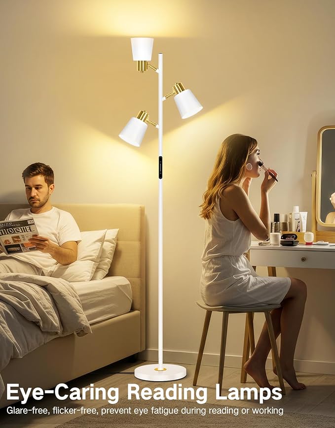 OUTON LED Tree Floor Lamp, Modern Dimmable Standing Lamp with Remote & Touch Control, 4 Color Temperatures, 3 Rotatable Lights Floor Lamps for Living Room, Bedroom, Office, White & Gold