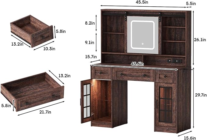 Fameill 45.5'' Farmhouse Makeup Vanity Desk with Sliding Mirror, Vanity Table with 3 Drawers and 2 Cabinets, Charging Station & LED Lights, Storage Shelves, Stool Included, Dressing Table for Bedroom