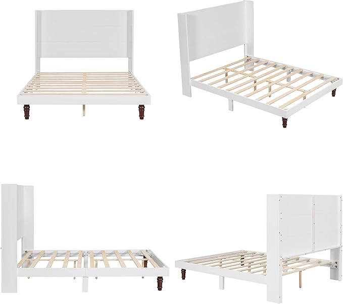 GDFStudio Tall Headboard Queen Size Bed,Platform Bed Frame with High Back,Wooden Slat Mattress Support No Box Spring Needed Easy Assembly Minimalist Designs 54" H White