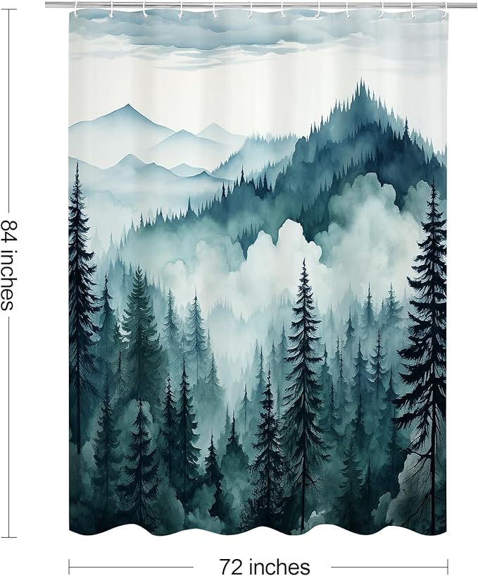 Peacock Blue Extra Long Misty Pine Forest Shower Curtain 72 x 84, XL Mountain Foggy Woodland Scenery Tree Shower Curtains for Bathroom, Abstract Waterproof Nature-Themed Decor