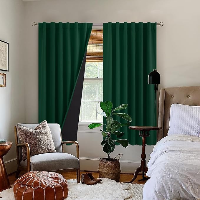 BGment 100% Thermal Insulated Blackout Curtains 63 Inches Long with Liner, Rod Pocket and Back Tab Double Layer Noise Reduce Room Darkening Curtains for Bedroom (52 x 63 Inch, 2 Panels, Emerald)