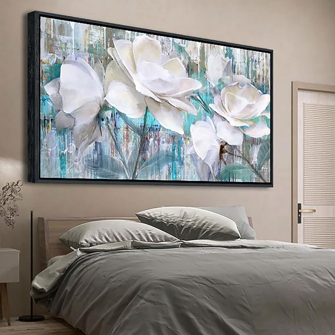 Large Canvas Flower Pictures Wall Art White Floral Modern Painting Wall Decor for Living Room Framed Artwork for Walls Bedroom Decoration Above Bed Size 24×48IN
