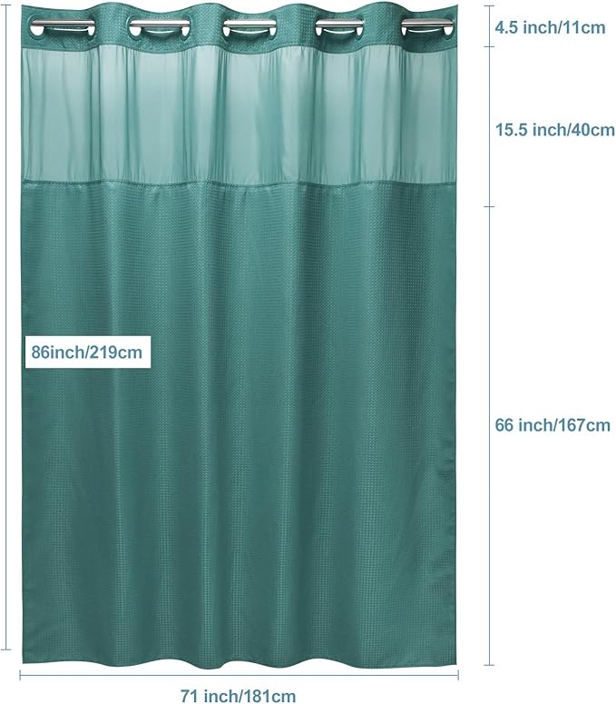 Seaweed Green Long No Hook Shower Curtain with Snap in Liner,230GSM Waffle Weave Shower Curtains for Bathroom,71W x 86H