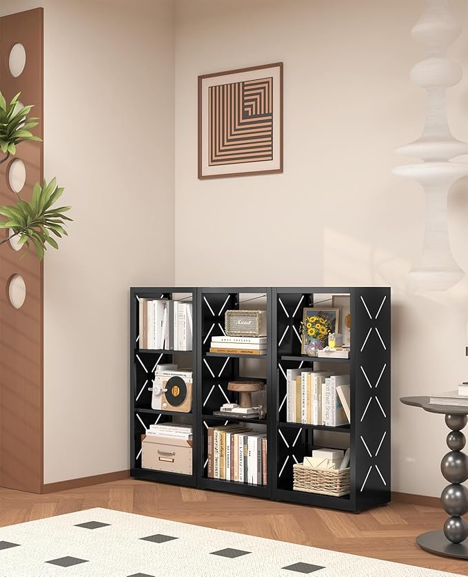 Steel Book Shelf, 3-Tier Adjustable Bookcase with Anti-Tip Kit & Leveling Feet, Heavy-Duty Metal Storage Organizer, Modern Corner Shelves for Bedroom, Garage, Home Office